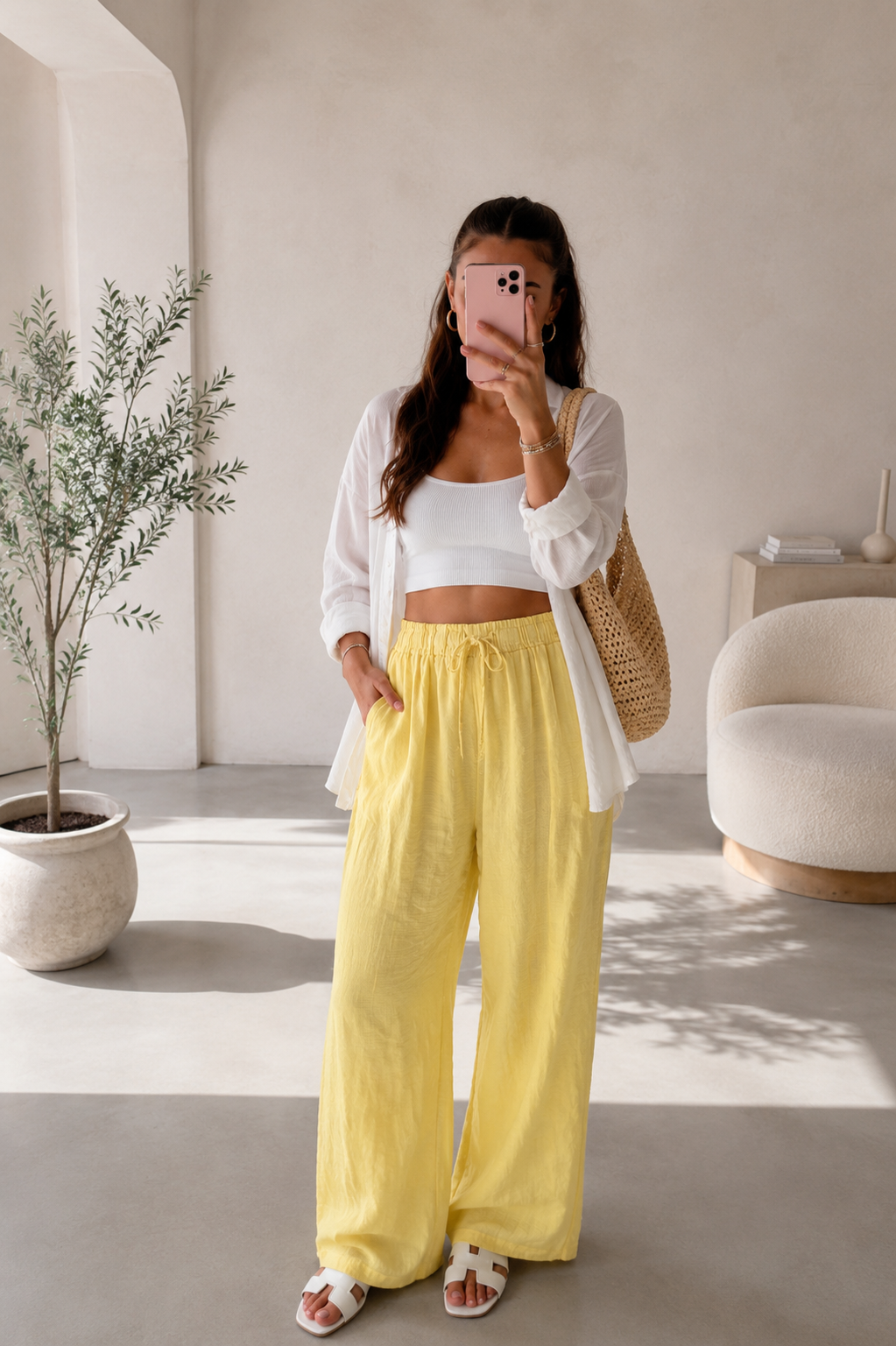 Pantalon en gaze de coton Jaune Soleil