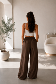 Pantalon palazzo en gaze de coton – Chocolat – vue 2