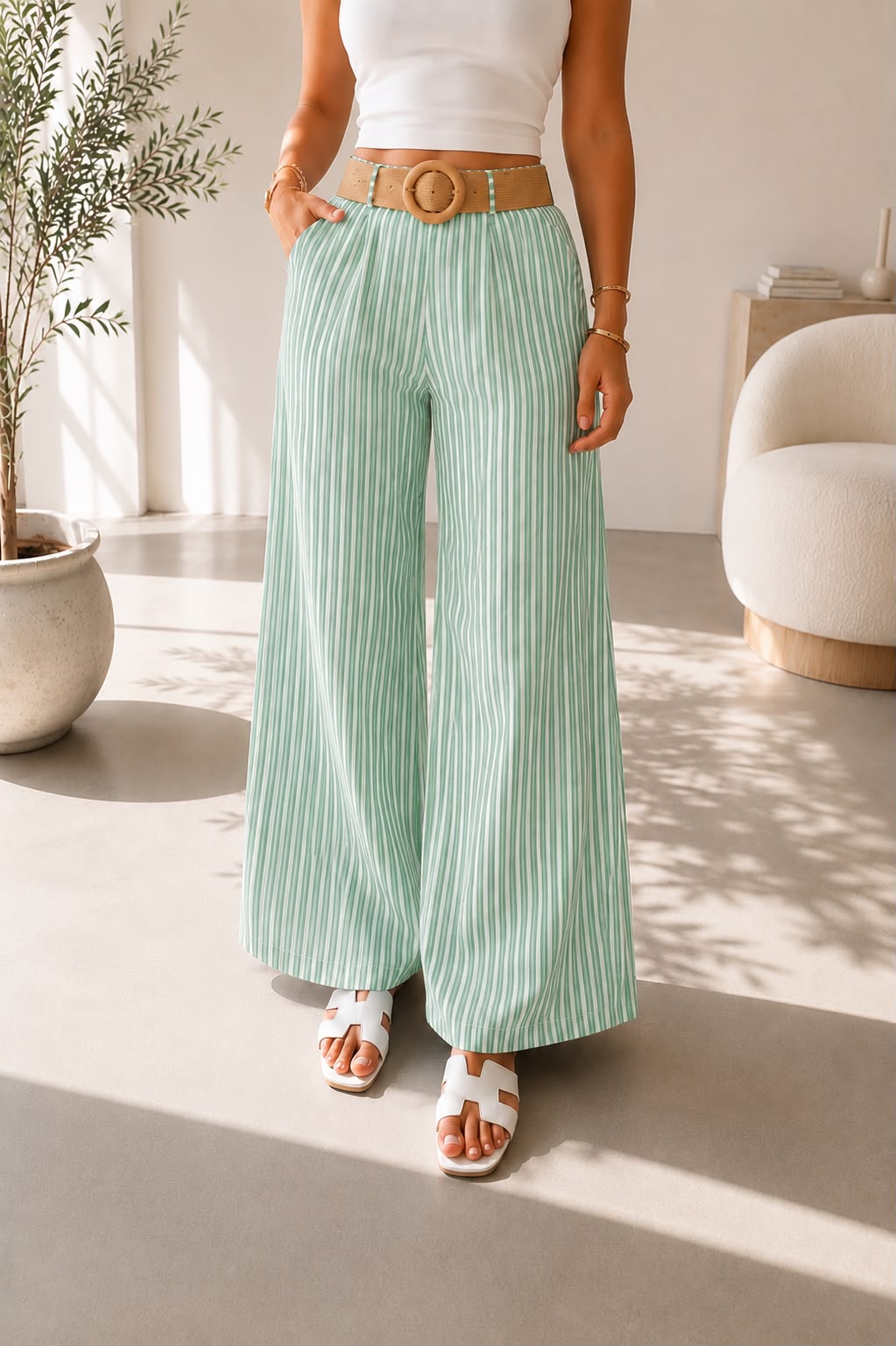 Pantalon palazzo femme – Vert clair