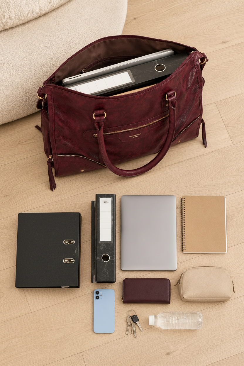 Capacité du Sac Élégance avec classeur A4 et ordinateur sur parquet clair