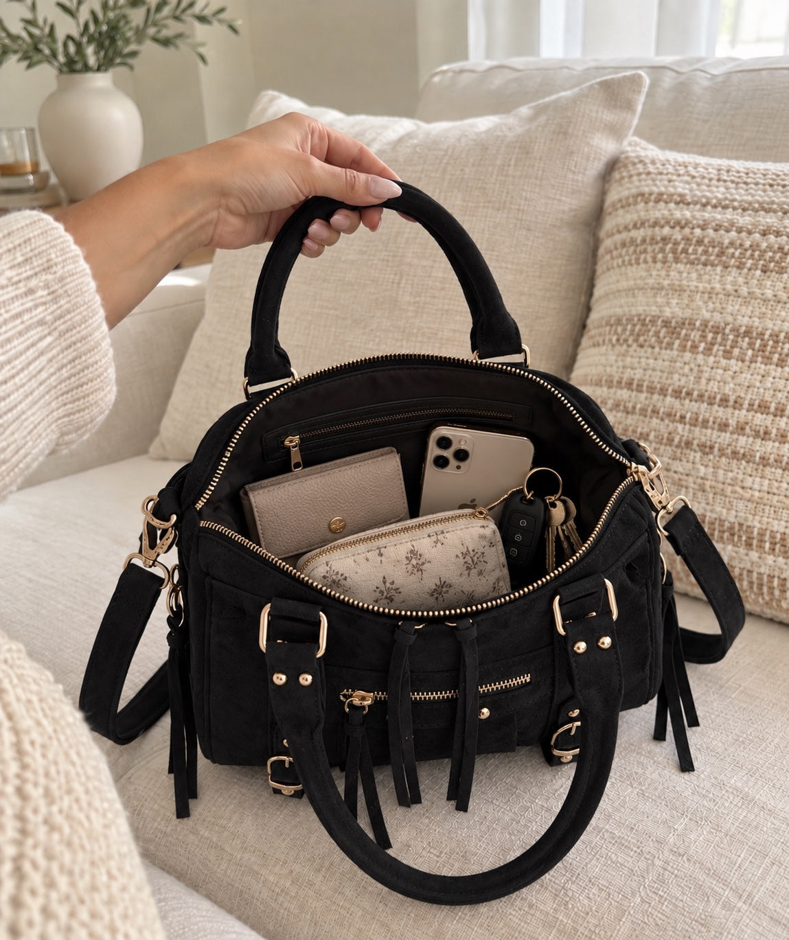 Sac Romy noir ouvert avec rangement intérieur